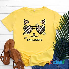 Womens T shirt Cat Cat Leopard Letter Round Neck Print Basic