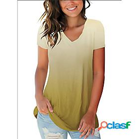 Womens T shirt Color Gradient V Neck Basic Tops Green Blue