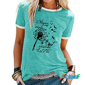 Womens T shirt Dandelion Letter Patchwork Print Round Neck