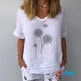 Womens T shirt Floral Flower V Neck Tops Gray White Light