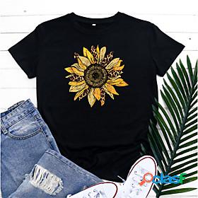 Womens T shirt Floral Leopard Sunflower Round Neck Print