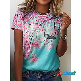 Womens T shirt Floral Round Neck Patchwork Print Basic Tops
