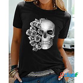 Womens T shirt Floral Skull Print Round Neck Tops 100%