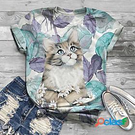 Womens T shirt Floral Theme Cat Painting Floral Cat Round