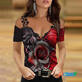 Womens T shirt Floral Theme Graphic Flower V Neck Lace Trims