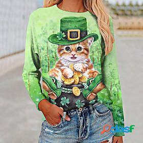 Womens T shirt Floral Theme Lucky 3D Cat Cat Leaf 3D Round