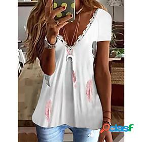 Womens T shirt Floral Theme Painting Floral Feather V Neck