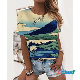 Womens T shirt Graphic Scenery Ukiyoe Round Neck Print Basic