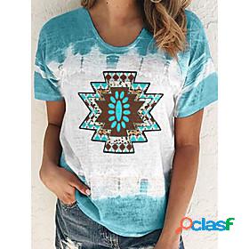 Womens T shirt Hawaii Geometric Tribal Round Neck Patchwork
