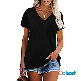 Womens T shirt Plain Pocket V Neck Tops Cotton Basic Basic