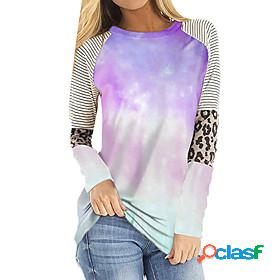 Womens T shirt Striped Color Gradient Leopard Round Neck