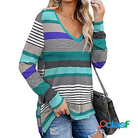 Womens T shirt Striped V Neck Zipper Basic Tops Green Red