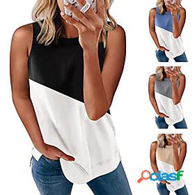 Womens Tank Color Block Basic Striped Round Neck Summer