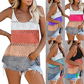 Womens Tank Hollow Out Stripe Basic Multi Color Spring