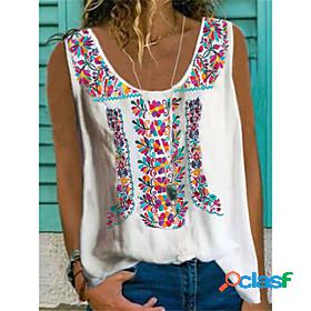 Womens Tank Top Camis Boho Floral Round Neck Patchwork Print