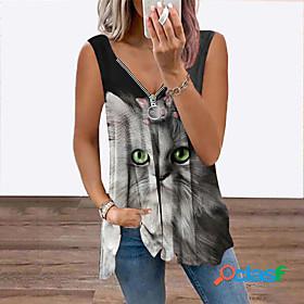 Womens Tank Top Vest 3D Cat Cat 3D V Neck Flowing tunic