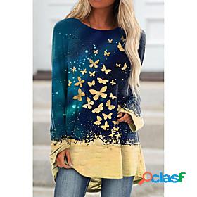 Womens Tunic T shirt Butterfly Painting Long Sleeve