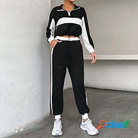 Womens Women Color Block Two Piece Set Pant Hoodie Tops