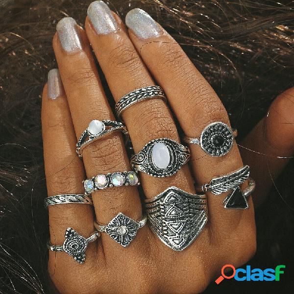 10 pezzi da donna regalo vintage anello set strass gemma