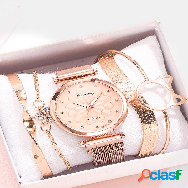 5 pezzi combinazione donne Watch set fiore quadrante maglia