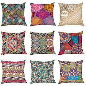 9 pcs Faux Linen Pillow Cover, Datura Flowers Geometric