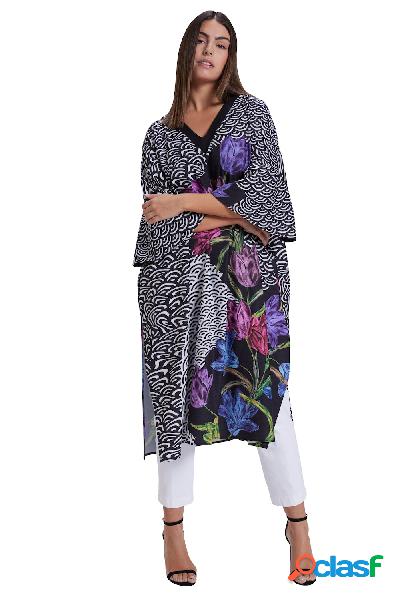Abito midi con stampa a effetto patchwork, scollo a V e