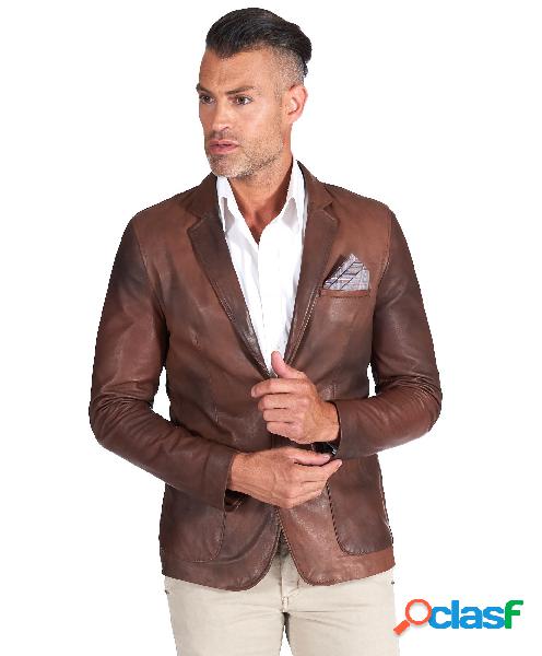 Blazer In Pelle Naturale Marrone Nuvolato Con Taschino E