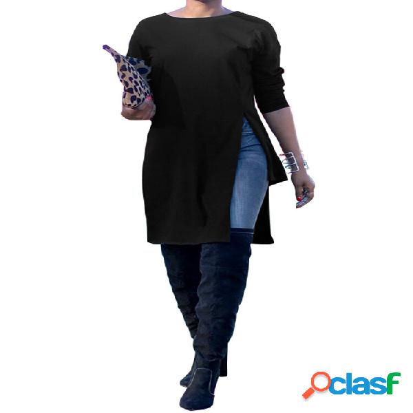 Blusa O-collo con orlo irregolare a spacco laterale