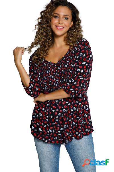 Blusa a punto smock con fantasia con baci, taglio svasato,