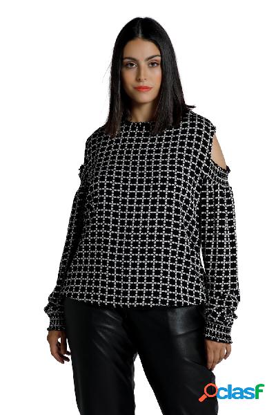 Blusa con fantasia grafica, spalle a punto smock e maniche