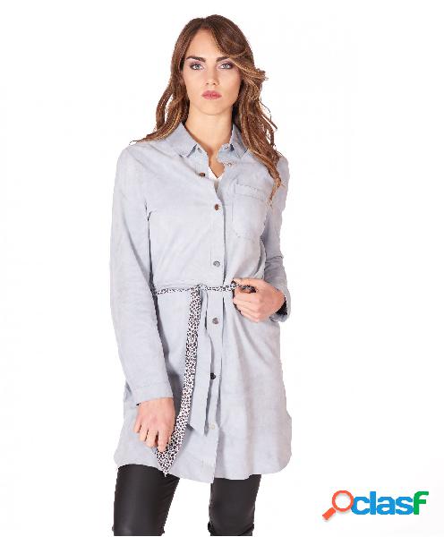 Camicia In Pelle Camoscio Celeste Con Cintura