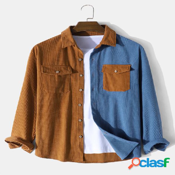 Camicie casual comode da uomo in velluto a coste patchwork