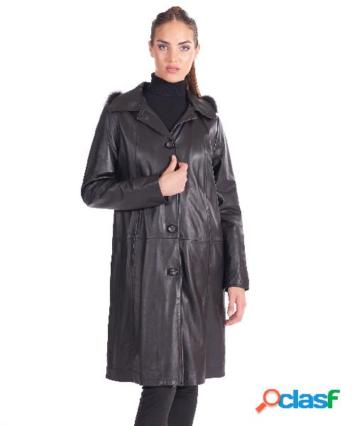 Cappotto In Pelle Nappa Nera Svasato Con Cappuccio