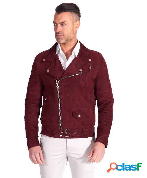 Chiodo Biker In Pelle Scamosciata Bordeaux Con Cintura