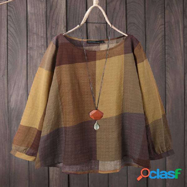 Donne Vintage Plaid Crew Collo Camicette a maniche lunghe