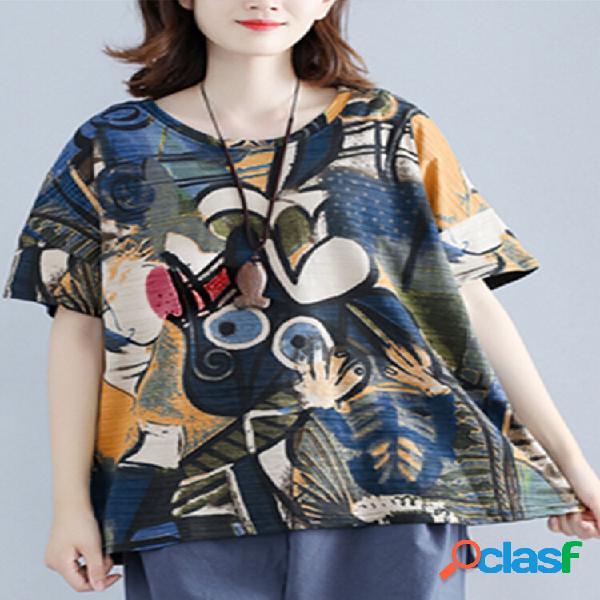 Donne multi stampa rotonda Collo camicette larghe casuali a
