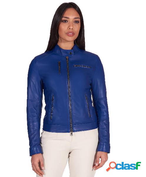 Giacca Biker In Pelle Naturale Bluette Effetto Liscio