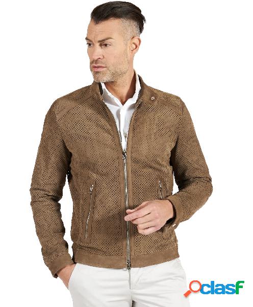 Giacca In Pelle Camoscio Traforato Colore Fango
