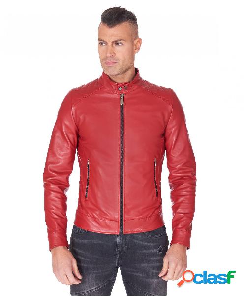 Giacca In Pelle Nappa Rossa Trapuntata Sulle Spalle