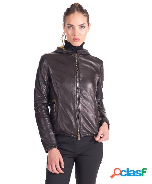 Giacca K-way In Pelle Nera Con Cappuccio Nappa Effetto