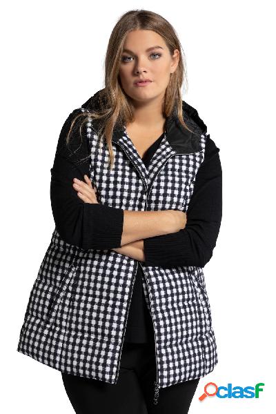 Gilet trapuntato, design a quadri, cappuccio, Donna, Nero,
