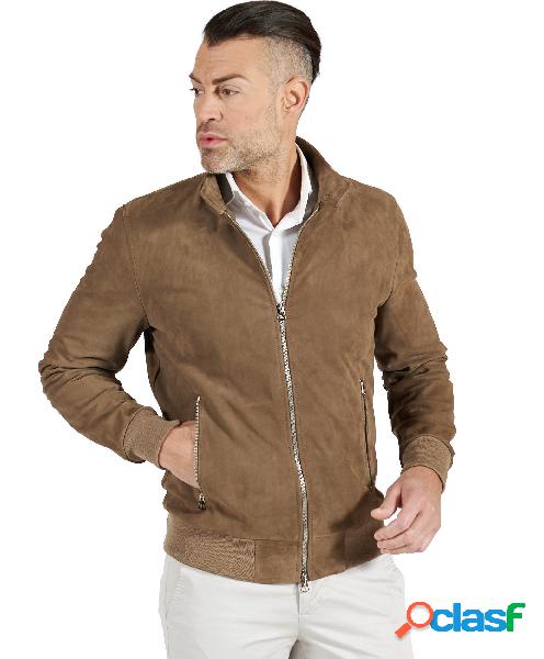 Giubbotto Bomber In Pelle Scamosciata Color Fango Colletto