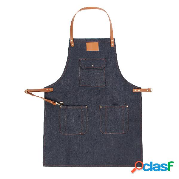 Grembiule con pettorina in denim Cinturino in pelle Barista