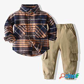 Kids Boys Shirt Pants Long Sleeve 2 Pieces Brown Plaid Color