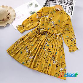 Kids Little Girls Dress Floral Ruffled Print Yellow Long