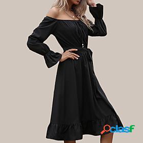 LITB Basic Womens Off Shouler Midi Dress A Line Long Sleeves
