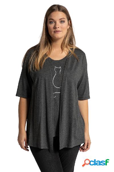 Maglia 2-in-1, stampa di un gatto, mezze maniche, scollo a