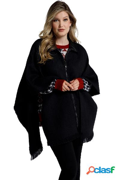 Mantellina oversize con frange e colletto di similpelle,