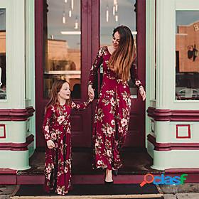 Mommy and Me Dress Casual Flower Print Red Maxi Long Sleeve