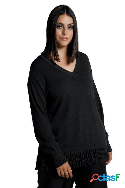 Pullover di maglia fine con orli con frange, scollo a V e